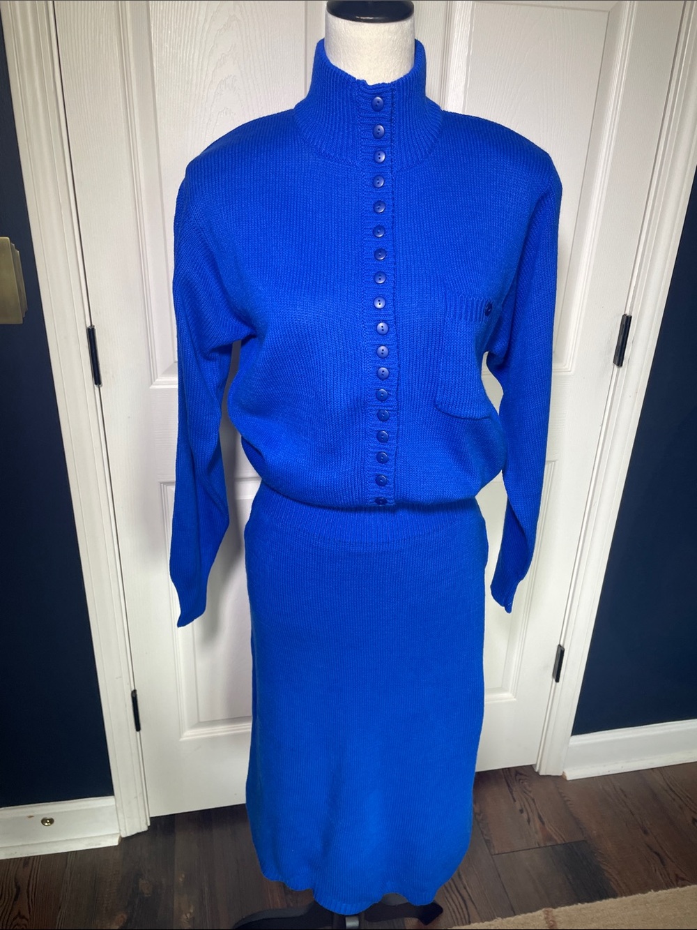 VTG 80s Darian Royal Blue Ribbed Knit Mock Neck Blouson Sweater Dress Size Small
